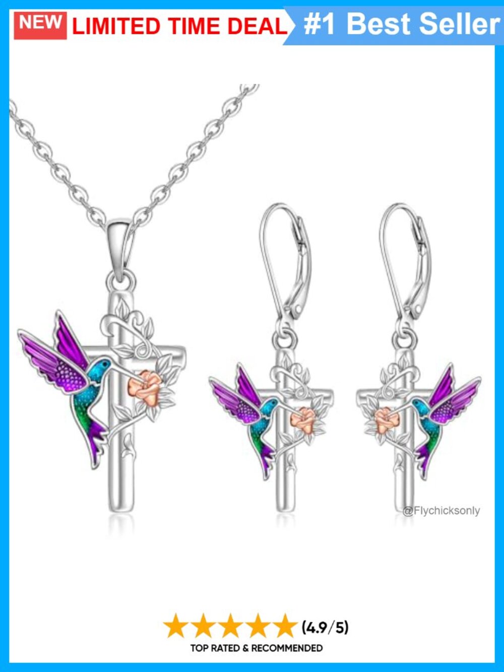Sterling Silver Hummingbird Necklace Earrings Cross Set Women Jewelry Gift